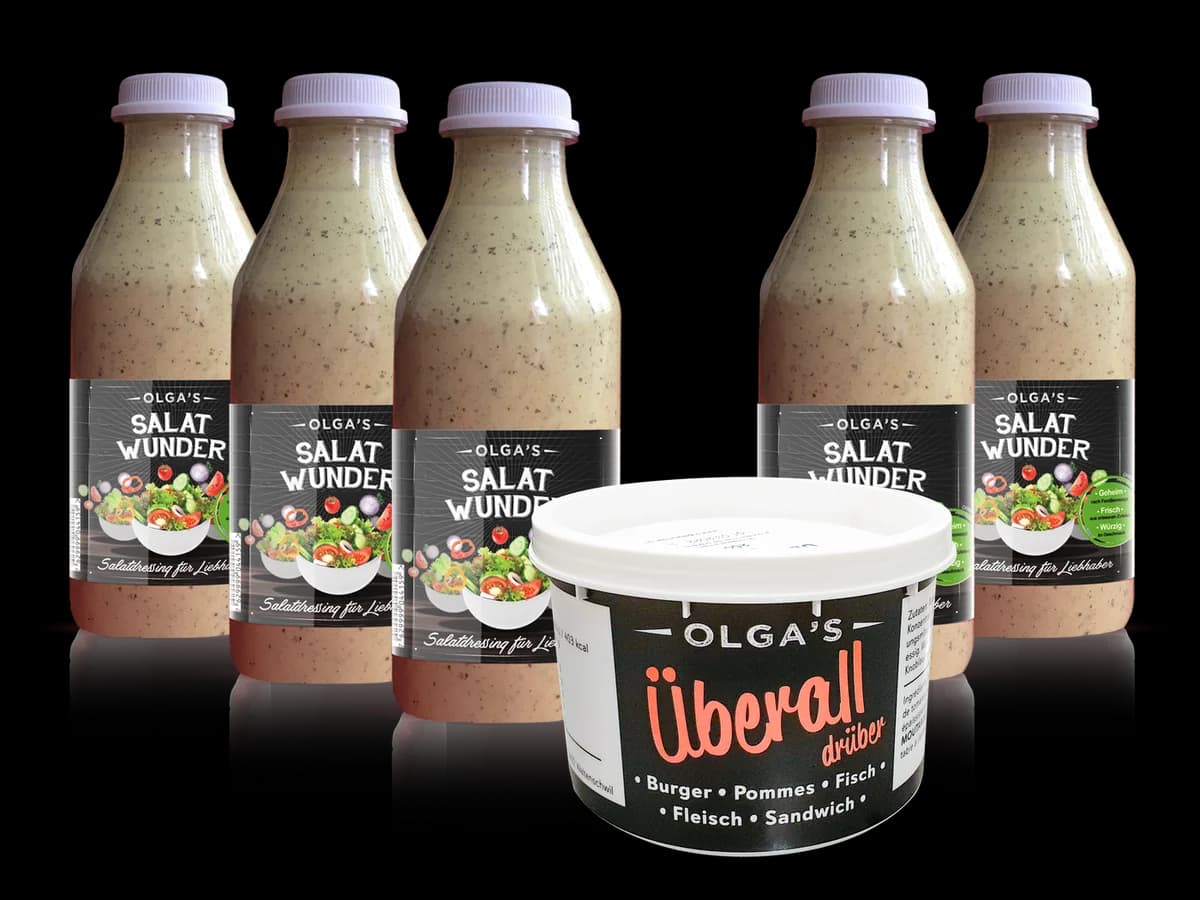 Olga’s Probier-Set, 5 Flaschen Salatwunder + 1 Becher Überall drüber
